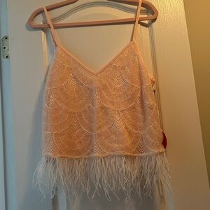 Anthropologie Peach Lace Feather-Trim Tank Top